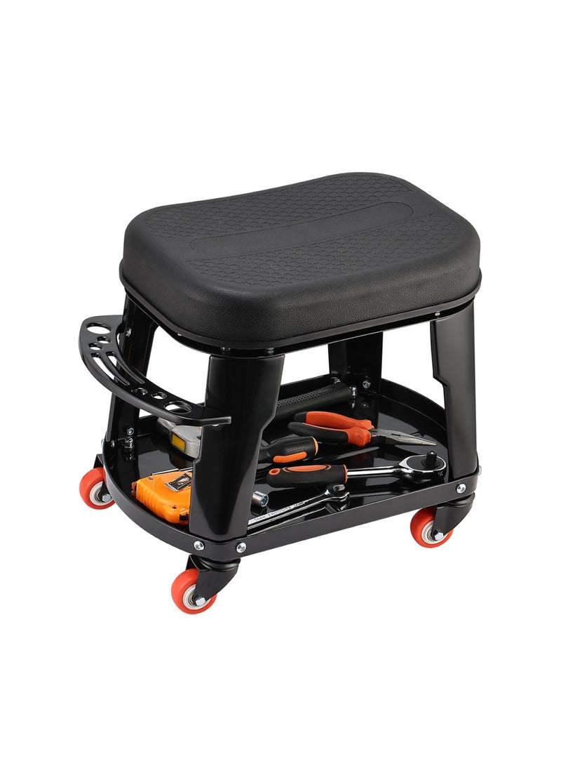 LAWAZIM Garage Mechanic Stool with Storage Tray and Tool Rack - 41.5x27x35cm - Rolling Garage Work Seat with 130kg Capacity and 360° Swivel Caster Wheels - Ideal for Car Detailing, Repairs, Workshops - Image 1